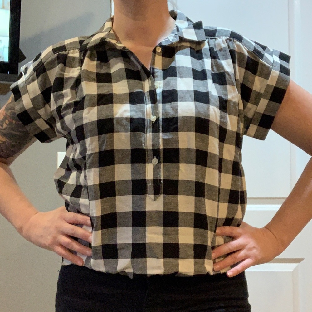 LOFT Black & White Gingham Button Up Tee